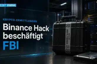 Binance Hack: Versiegelter Beweismittelbehälter mit Festplatte in einem symbolischen IT-Forensiklabor