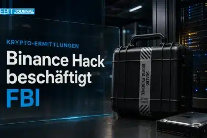 Binance Hack: Versiegelter Beweismittelbehälter mit Festplatte in einem symbolischen IT-Forensiklabor