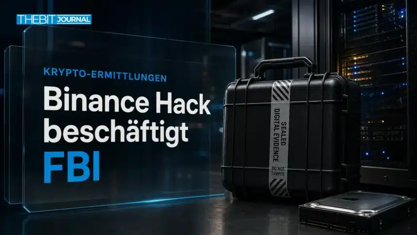 Binance Hack: Versiegelter Beweismittelbehälter mit Festplatte in einem symbolischen IT-Forensiklabor