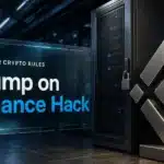 Binance hack editorial illustration with a metal Binance emblem beside a secured server cabinet