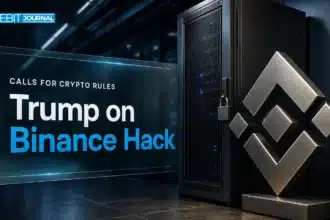 Binance hack editorial illustration with a metal Binance emblem beside a secured server cabinet