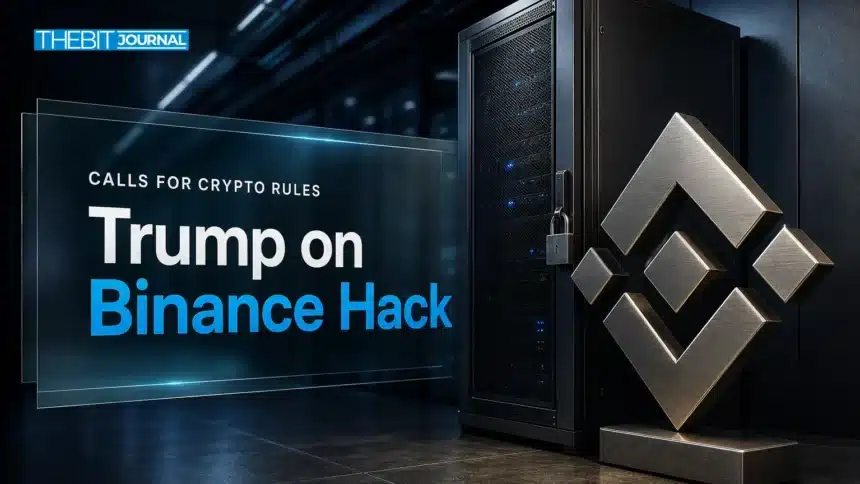 Binance hack draws Trump response as calls for crypto rules grow 7 Binance hack editorial illustration with a metal Binance emblem beside a secured server cabinet