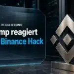 Binance Hack: Metallisches Binance-Emblem vor einem verschlossenen Serverschrank als Symbolmotiv