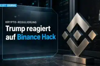 Binance Hack: Metallisches Binance-Emblem vor einem verschlossenen Serverschrank als Symbolmotiv