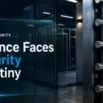 Illustrative steel vault door and glass-walled custody infrastructure