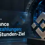 Binance Auszahlungen nach Hack: Binance-Logo aus Metall neben einer halb geöffneten Tresortür aus Stahl