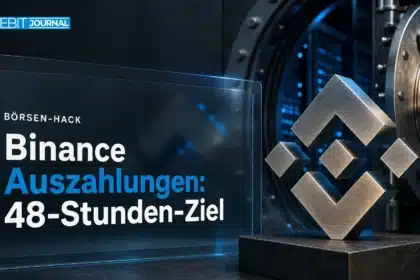 Binance Auszahlungen nach Hack: Binance-Logo aus Metall neben einer halb geöffneten Tresortür aus Stahl