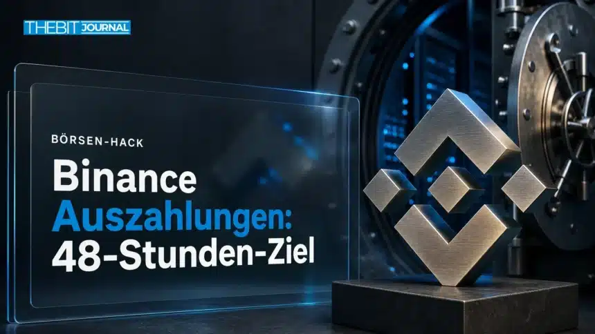 Binance Auszahlungen nach Hack: Binance-Logo aus Metall neben einer halb geöffneten Tresortür aus Stahl