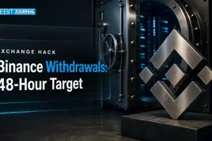 Binance withdrawals resume after hack: metal Binance logo sculpture beside a half-open steel vault door