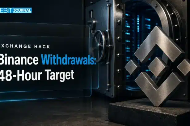 Binance withdrawals resume after hack: metal Binance logo sculpture beside a half-open steel vault door