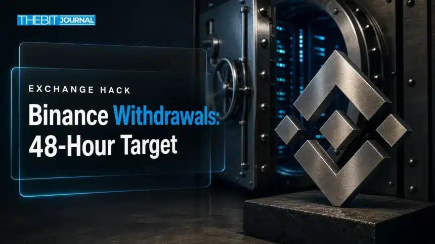 Binance Withdrawals Expected to Resume Within 48 Hours After $6.3B Hack 7 Binance withdrawals resume after hack: metal Binance logo sculpture beside a half-open steel vault door