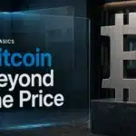 Editorial illustration of Bitcoin basics, featuring a steel Bitcoin symbol in a financial research library