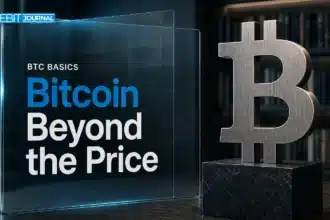 Editorial illustration of Bitcoin basics, featuring a steel Bitcoin symbol in a financial research library