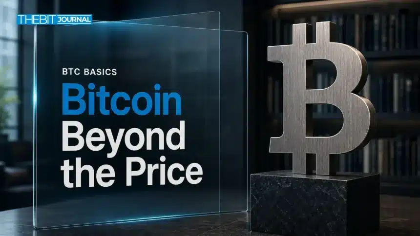 Editorial illustration of Bitcoin basics, featuring a steel Bitcoin symbol in a financial research library