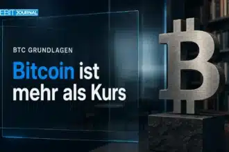 Bitcoin-Skulptur aus Stahl auf einem dunklen Steinsockel in einer Finanzbibliothek