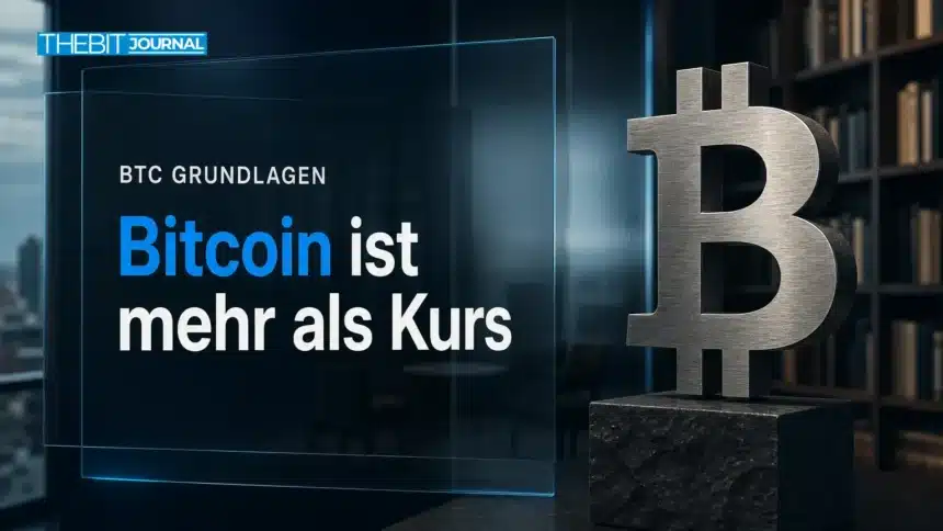 Bitcoin einfach erklärt: Was BTC ist und welche Risiken bestehen 7 Bitcoin-Skulptur aus Stahl auf einem dunklen Steinsockel in einer Finanzbibliothek