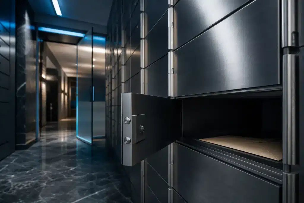 Partially open secure-storage compartment illustrating questions about custody and access