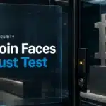 Binance hack coverage illustrated by a metal Bitcoin sculpture behind locked security glass