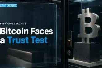 Binance hack coverage illustrated by a metal Bitcoin sculpture behind locked security glass