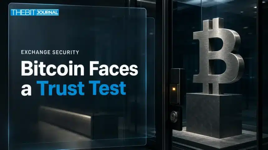 Binance hack coverage illustrated by a metal Bitcoin sculpture behind locked security glass
