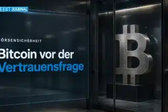 Binance Hack: Bitcoin-Skulptur hinter verriegeltem Sicherheitsglas als Symbol für offene Verwahrungsfragen