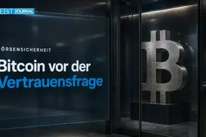 Binance Hack: Bitcoin-Skulptur hinter verriegeltem Sicherheitsglas als Symbol für offene Verwahrungsfragen