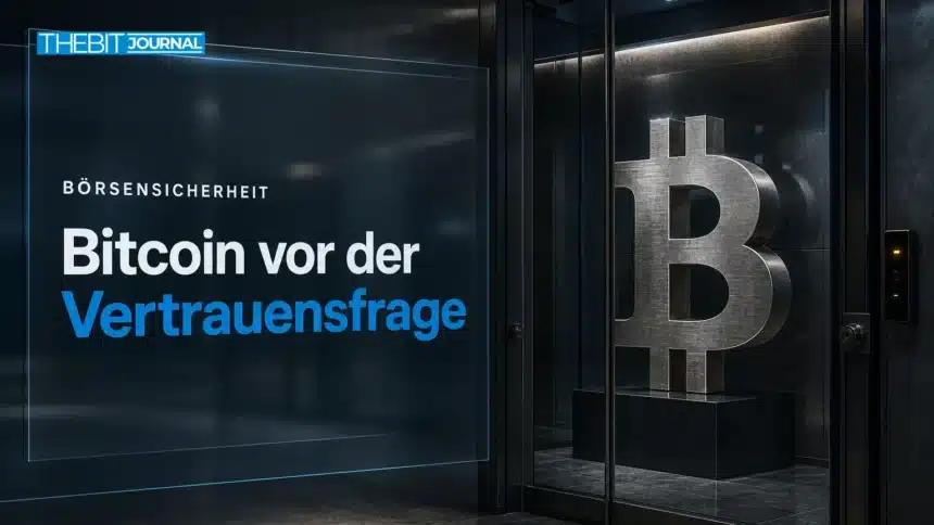 Binance Hack: Was der Vorfall für Bitcoins nächsten Rekord bedeutet 7 Binance Hack: Bitcoin-Skulptur hinter verriegeltem Sicherheitsglas als Symbol für offene Verwahrungsfragen