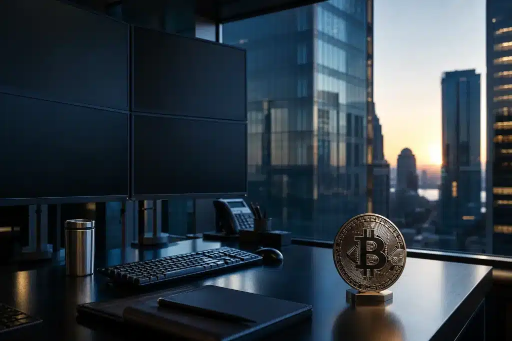 Börsencrash USA: Bericht über 2 Billionen USD Tech-Verluste 9 Bitcoin-Skulptur aus Metall auf einem leeren Handelsschreibtisch vor einem Fenster im Morgengrauen