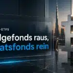 Bitcoin ETF Hedgefonds steigen aus, Staatsfonds kaufen: Bitcoin-Skulptur aus Metall in einem Sitzungssaal in der Dämmerung