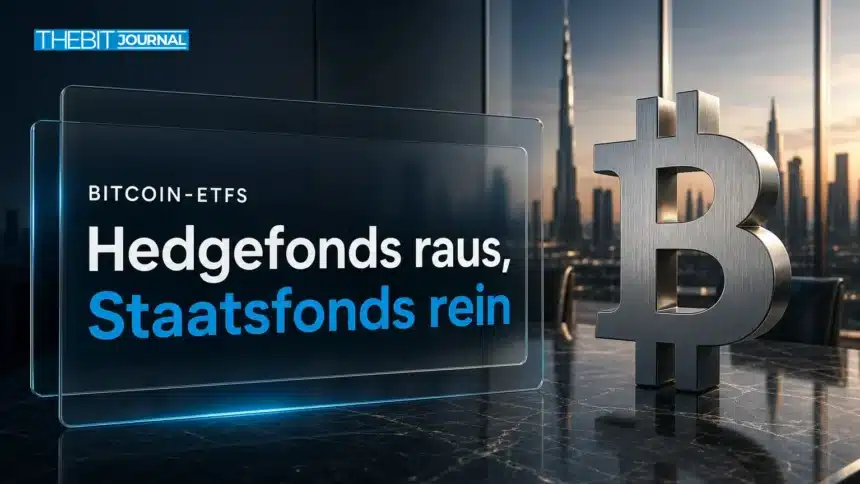 Bitcoin ETF Hedgefonds steigen aus, Staatsfonds kaufen: Bitcoin-Skulptur aus Metall in einem Sitzungssaal in der Dämmerung