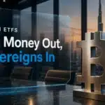 Bitcoin ETF hedge funds exit as sovereign wealth buys, shown by a metal Bitcoin sculpture in a boardroom at dusk