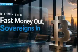 Bitcoin ETF hedge funds exit as sovereign wealth buys, shown by a metal Bitcoin sculpture in a boardroom at dusk