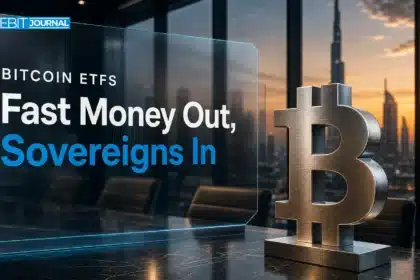 Bitcoin ETF hedge funds exit as sovereign wealth buys, shown by a metal Bitcoin sculpture in a boardroom at dusk
