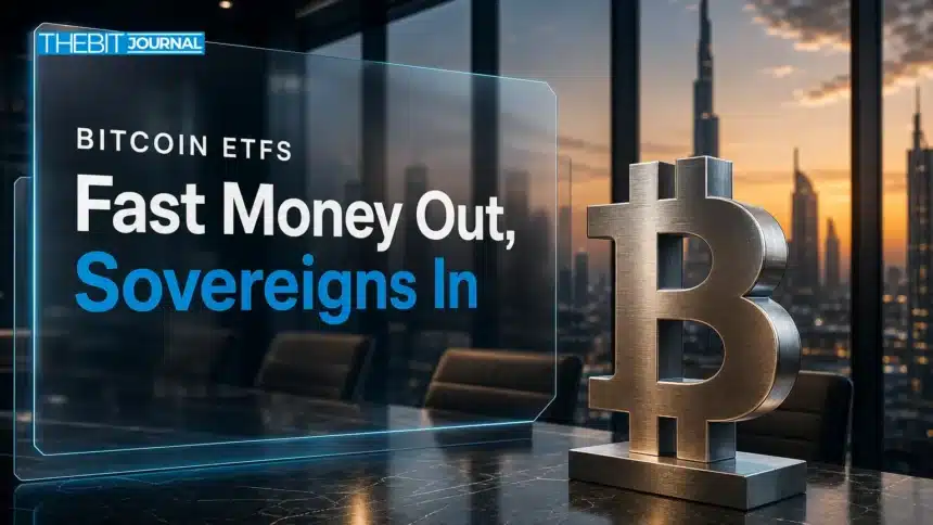 Bitcoin ETF Hedge Funds Exit the Basis Trade as Sovereign Wealth Buys In 7 Bitcoin ETF hedge funds exit as sovereign wealth buys, shown by a metal Bitcoin sculpture in a boardroom at dusk