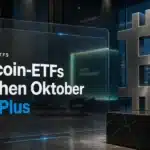Bitcoin ETF Zuflüsse, dargestellt durch eine Bitcoin-Skulptur aus Metall in der Lobby eines Vermögensverwalters