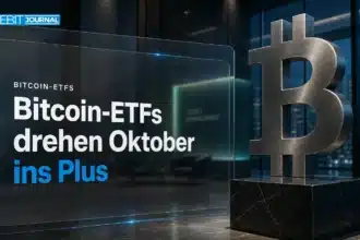 Bitcoin ETF Zuflüsse, dargestellt durch eine Bitcoin-Skulptur aus Metall in der Lobby eines Vermögensverwalters