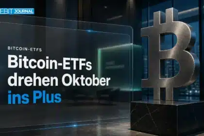 Bitcoin ETF Zuflüsse, dargestellt durch eine Bitcoin-Skulptur aus Metall in der Lobby eines Vermögensverwalters