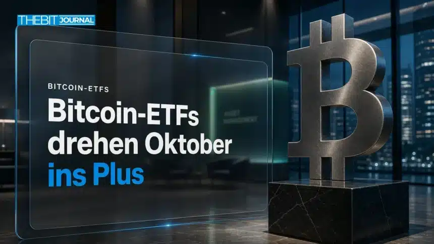 Bitcoin ETF Zuflüsse von 137 Mio. Dollar holen den Oktober ins Plus 7 Bitcoin ETF Zuflüsse, dargestellt durch eine Bitcoin-Skulptur aus Metall in der Lobby eines Vermögensverwalters