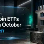 Bitcoin ETF inflows illustrated by a metal Bitcoin sculpture in an asset manager lobby at dusk
