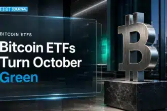 Bitcoin ETF inflows illustrated by a metal Bitcoin sculpture in an asset manager lobby at dusk
