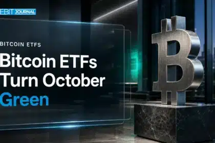 Bitcoin ETF inflows illustrated by a metal Bitcoin sculpture in an asset manager lobby at dusk