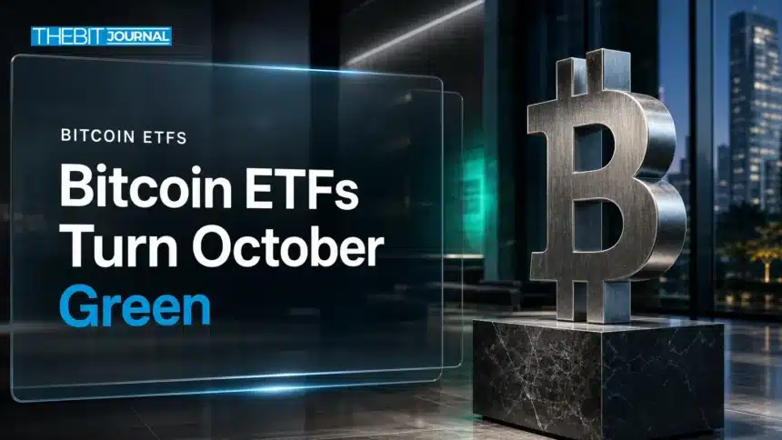 Bitcoin ETF Inflows of $137M Push October Back Into the Green 7 Bitcoin ETF inflows illustrated by a metal Bitcoin sculpture in an asset manager lobby at dusk