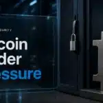 Binance hack coverage illustrated by a metal Bitcoin sculpture beside a locked server cabinet