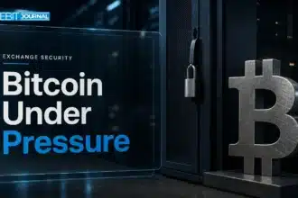 Binance hack coverage illustrated by a metal Bitcoin sculpture beside a locked server cabinet