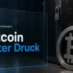 Binance Hack: Bitcoin-Skulptur aus Metall neben einem verschlossenen Serverschrank