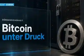 Binance Hack: Bitcoin-Skulptur aus Metall neben einem verschlossenen Serverschrank