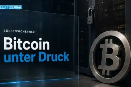 Binance Hack: Bitcoin-Skulptur aus Metall neben einem verschlossenen Serverschrank