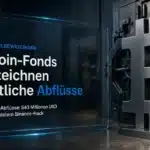 Bitcoin ETF Abflüsse: Bitcoin-Skulptur aus Metall vor einer institutionellen Tresortür
