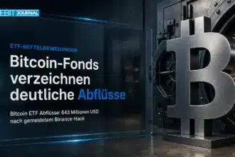 Bitcoin ETF Abflüsse: Bitcoin-Skulptur aus Metall vor einer institutionellen Tresortür
