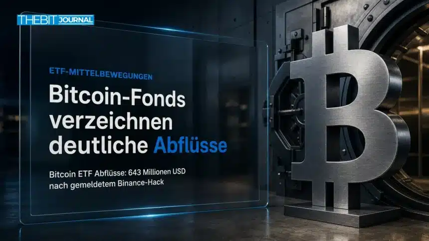 Bitcoin ETF Abflüsse: Bitcoin-Skulptur aus Metall vor einer institutionellen Tresortür